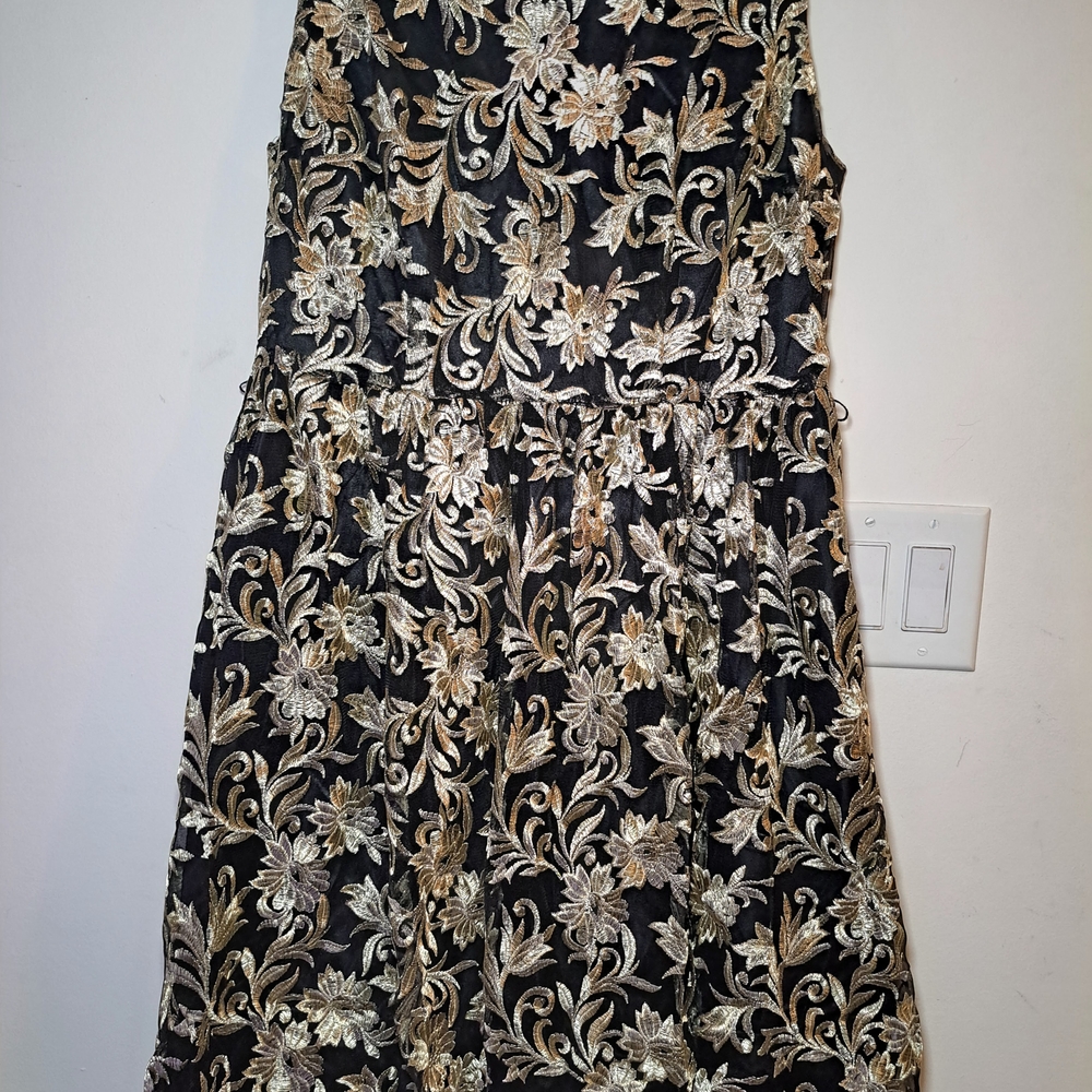 Elegant Black Dress with Gold Floral Embroidery